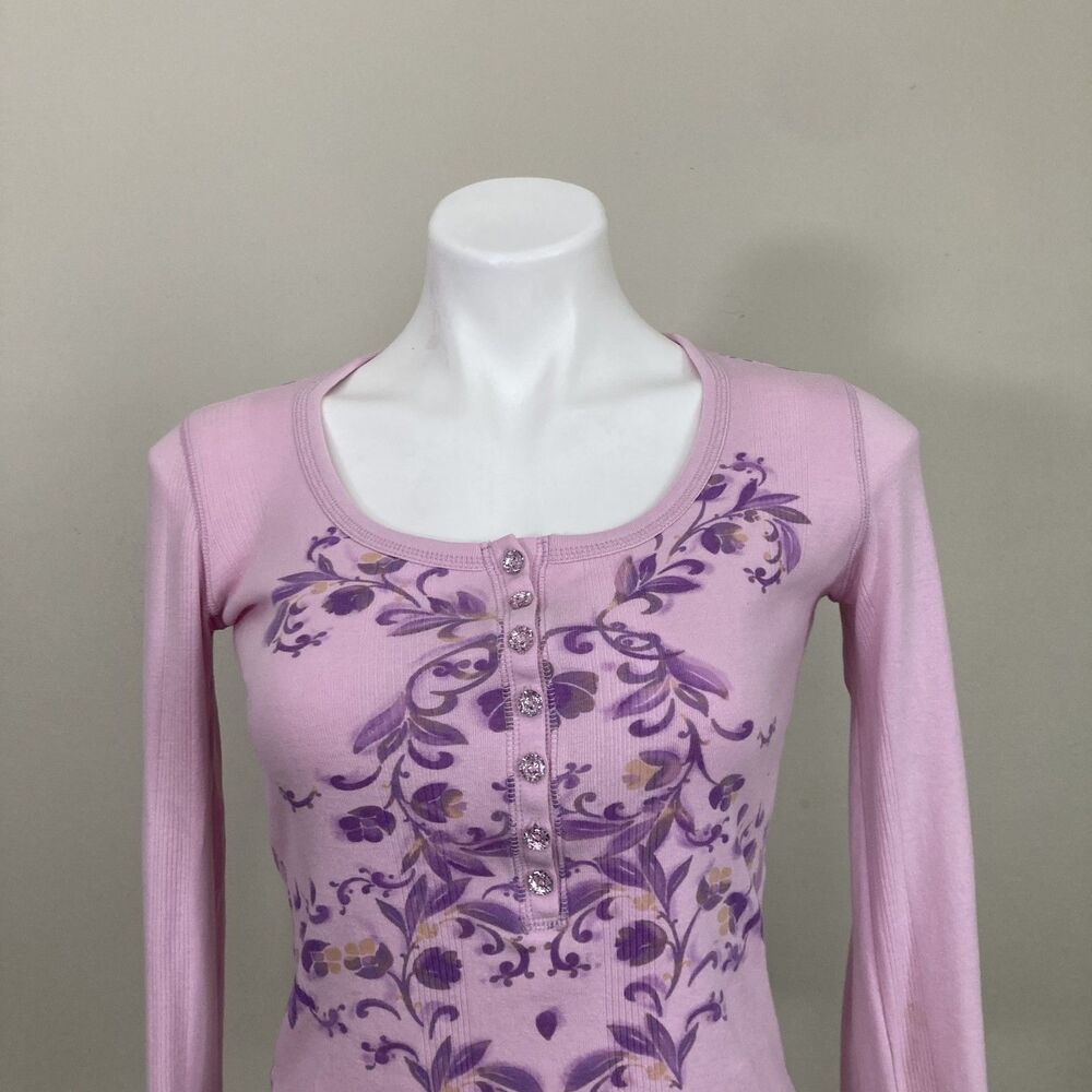 Vintage Fairy 2000s Y2K Henley DNKY Jeans Pink Floral Crystal Buttons Womens S/M - Picture 4 of 8